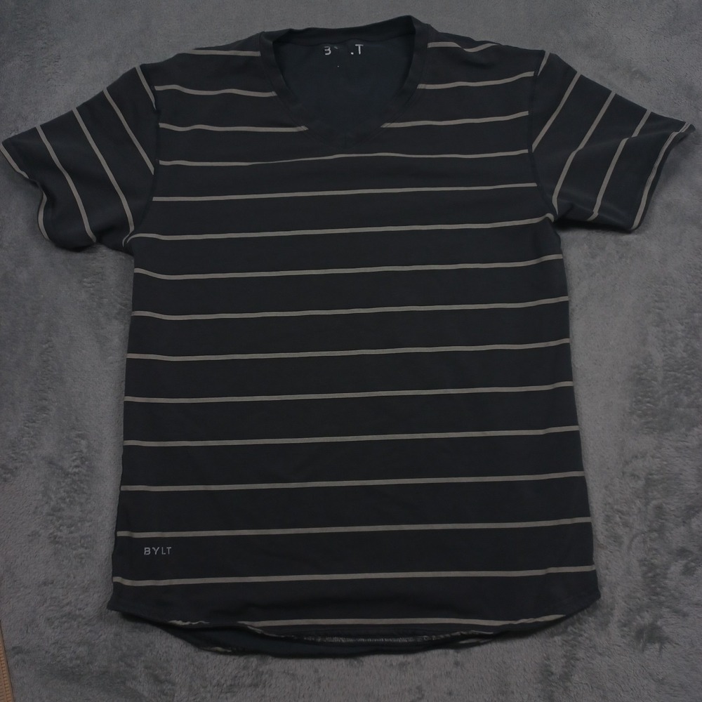 BYLT Basics Navy Blue and Light Gray Striped Short Sleeve Tee